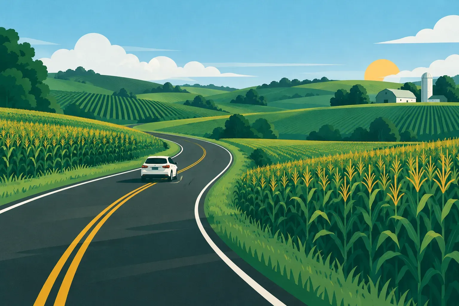 A road through rolling cornfields and green farmland, a typical landscape of Iowa