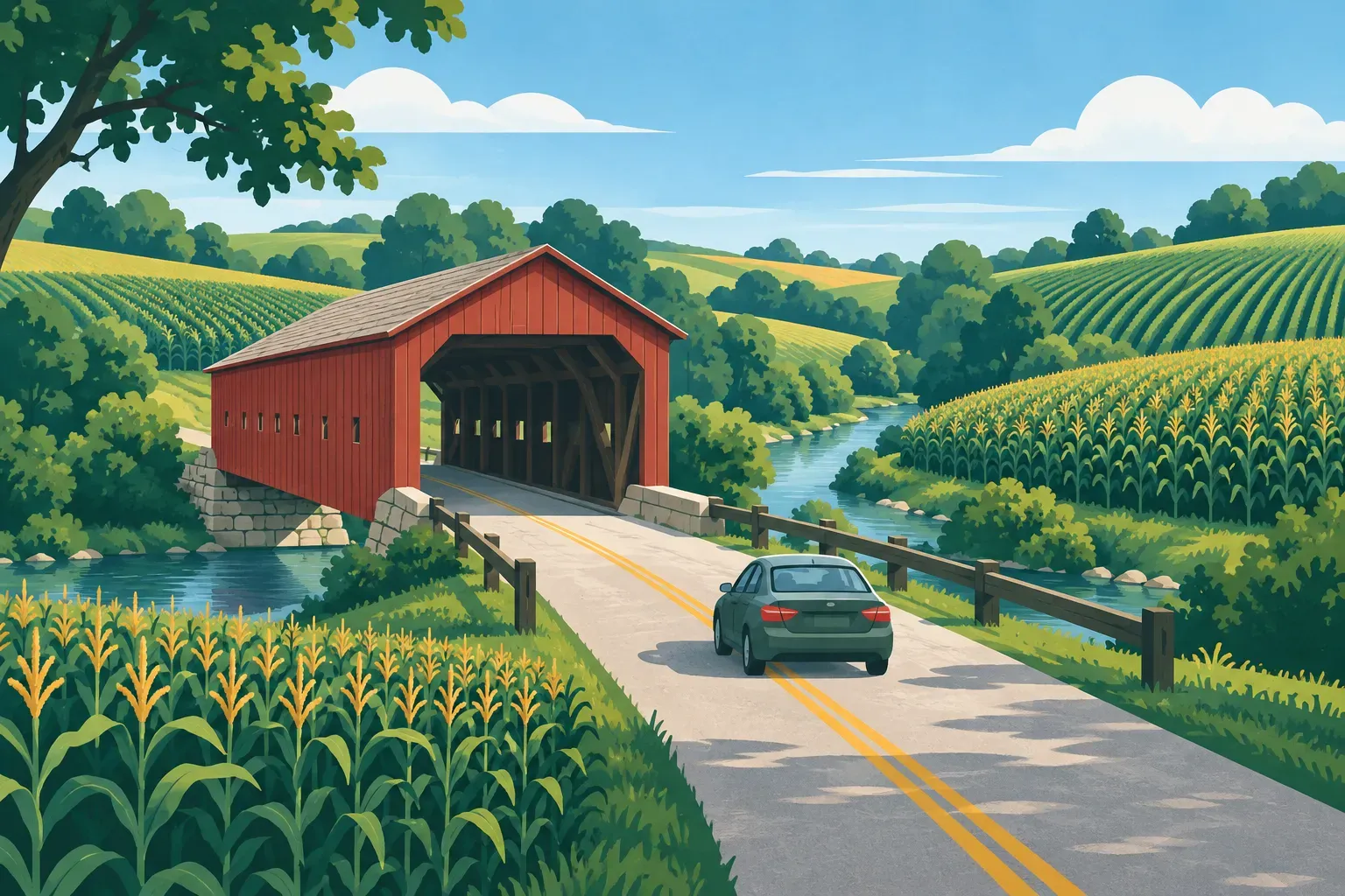 A red covered bridge over a creek among rolling cornfields, in Iowa